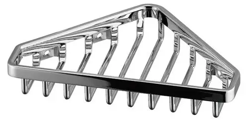 Chrome-Duschablage in dreieckiger Form mit mehreren Rillen zur Ablage von Duschutensilien, ideal für die Wandmontage im Badezimmer.